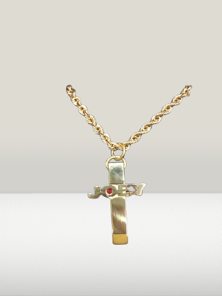 Gold Cross Pendant with Joy Design & Chain